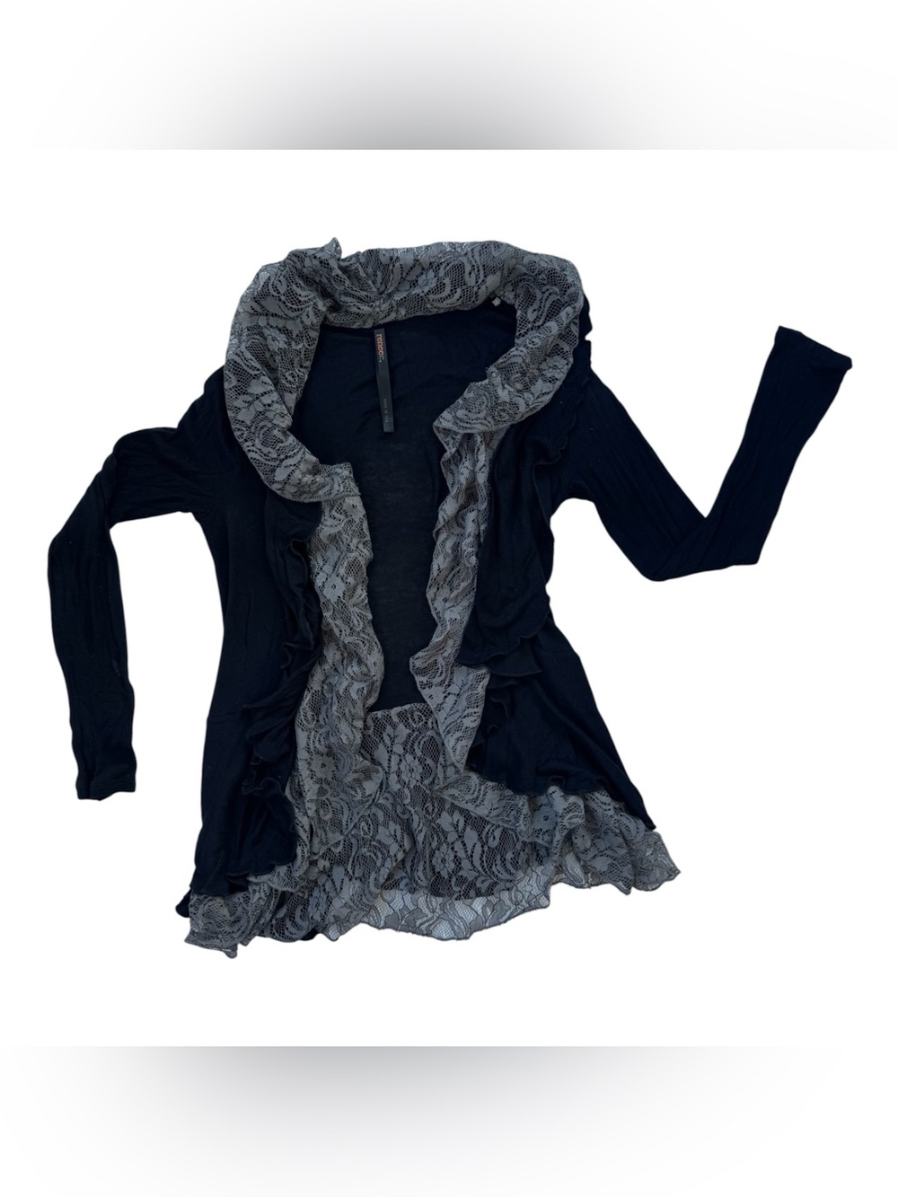 Renee C Black Gray Lace Ruffle Open Front Cardigan Made USA